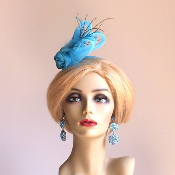 Blue Headband Fascinator with Roses, Bows and Blue Feathers - Picture 3 of 13